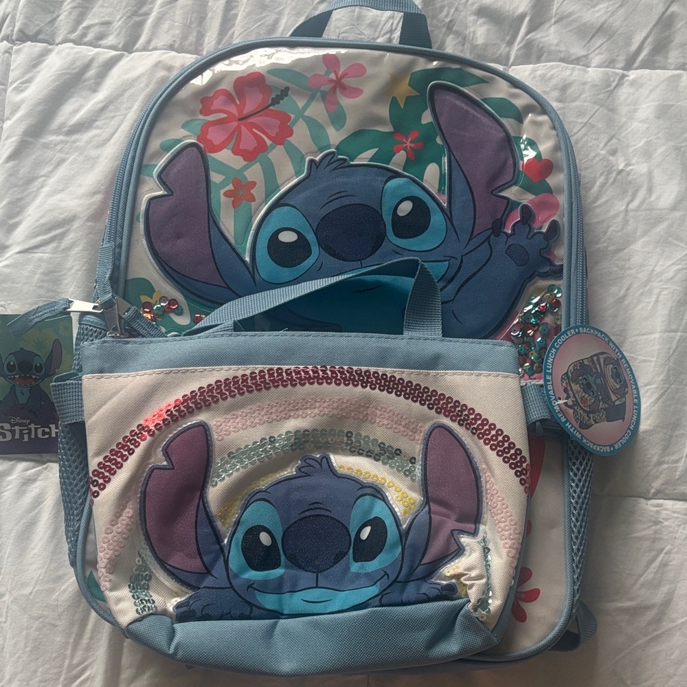 Disney Kids Light Blue Stitch Backpack with Rainbow Sequin Accent